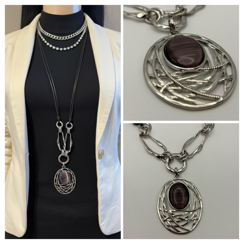 Sculptural Silver Nest & Mauve Cat’s Eye Pendant